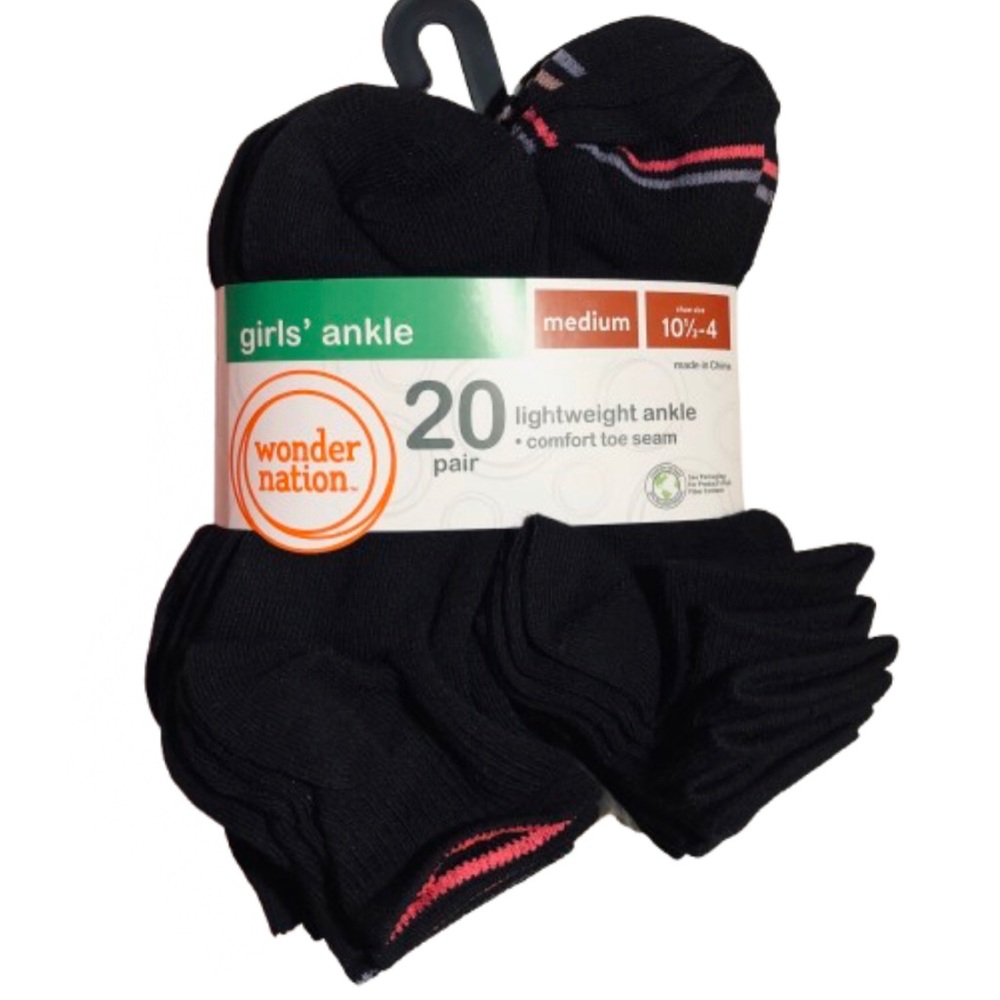 $13🔥NEW WONDER NATION Girls Ankle Socks, 20 Pairs, Medium (10.5-4) Black White